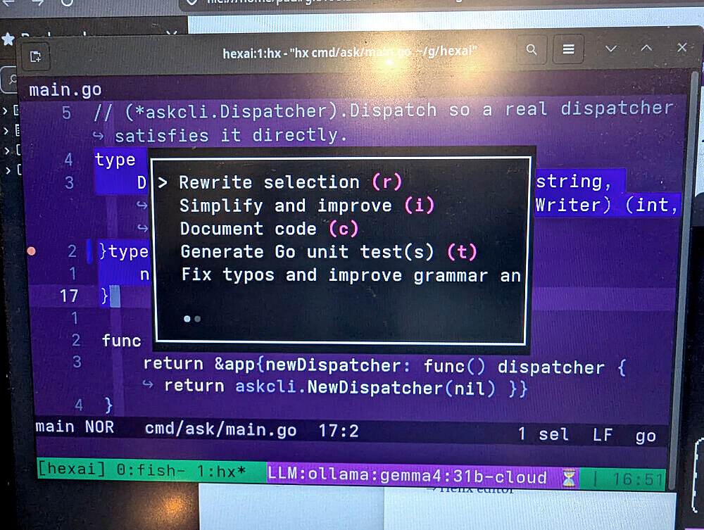The hexai-tmux-action popup menu inside tmux The hexai-tmux-action popup menu inside tmux